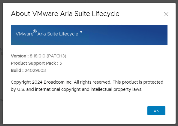 Popup window displaying the 'About VMware Aria Suite Lifecycle' information, including version 8.18.0.0 (PATCH3), product support pack, and build number.