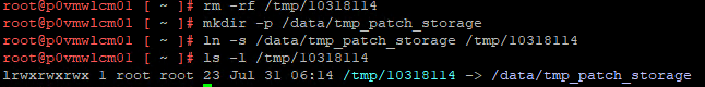 Terminal commands showing the process of preparing temporary storage for patching in VMware Aria Suite Lifecycle.