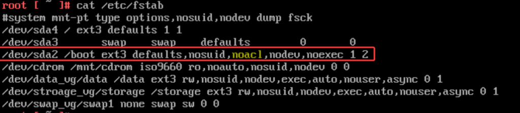 Terminal output showing the contents of the /etc/fstab file with the /boot entry highlighted.