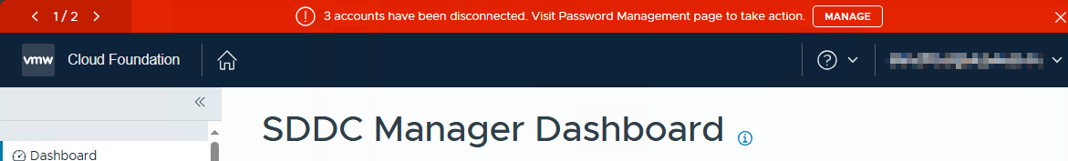Screenshot of SDDC Manager UI showing an alart banner at top about disconnected accounts (password related)