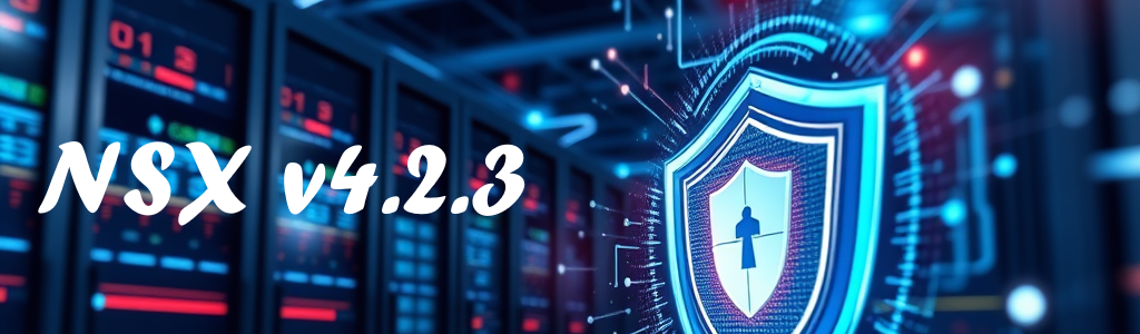 Banner image showing the text "NSX v4.2.3" and a shield on a background of a blured datacenter racks