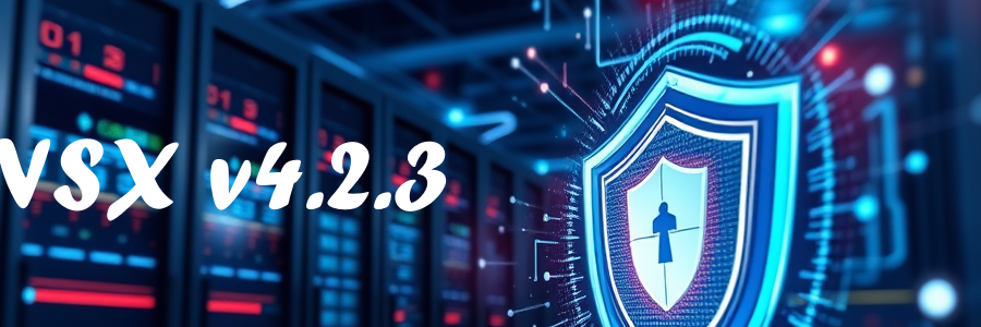 Banner image showing the text "NSX v4.2.3" and a shield on a background of a blured datacenter racks